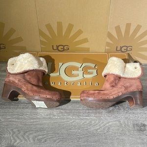 Brand New UGG Lynnea Cinnamon Suede Sheepskin Ankle/Mid Calf Wooden Clog Boots